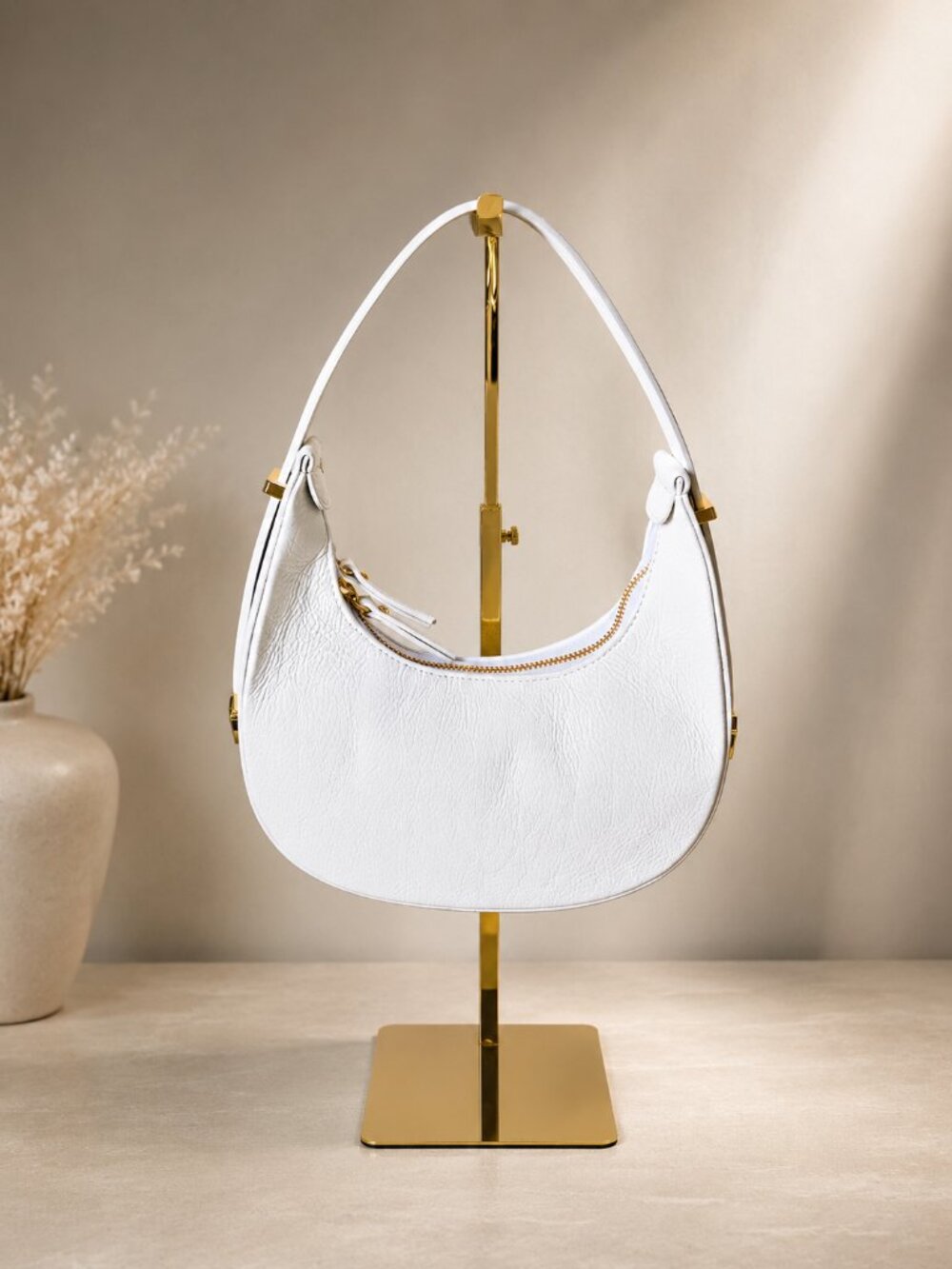 White Italian Leather Hobo Bag, Minimalist Half Moon Shoulder Purse